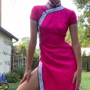 Hot pink silk vintage cheongsam qipao dress